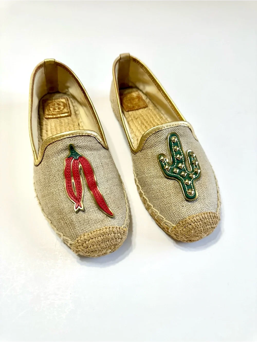 Tori Burch Tan Canvas Espadrilles with Red Chili & Green Cactus Embellishments